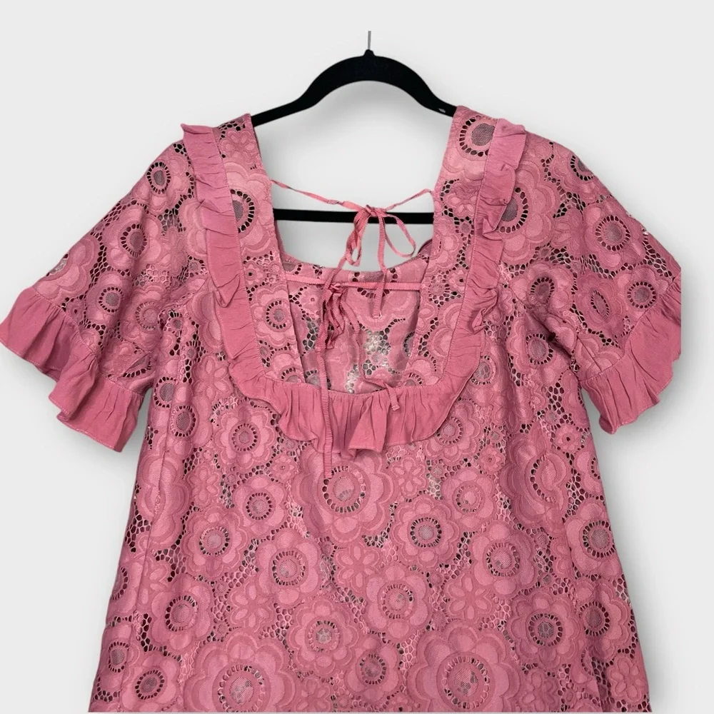 For Love & Lemons Sonya Lace Babydoll Mini Dress Floral Pink Size S Tie Back - Picture 7 of 13
